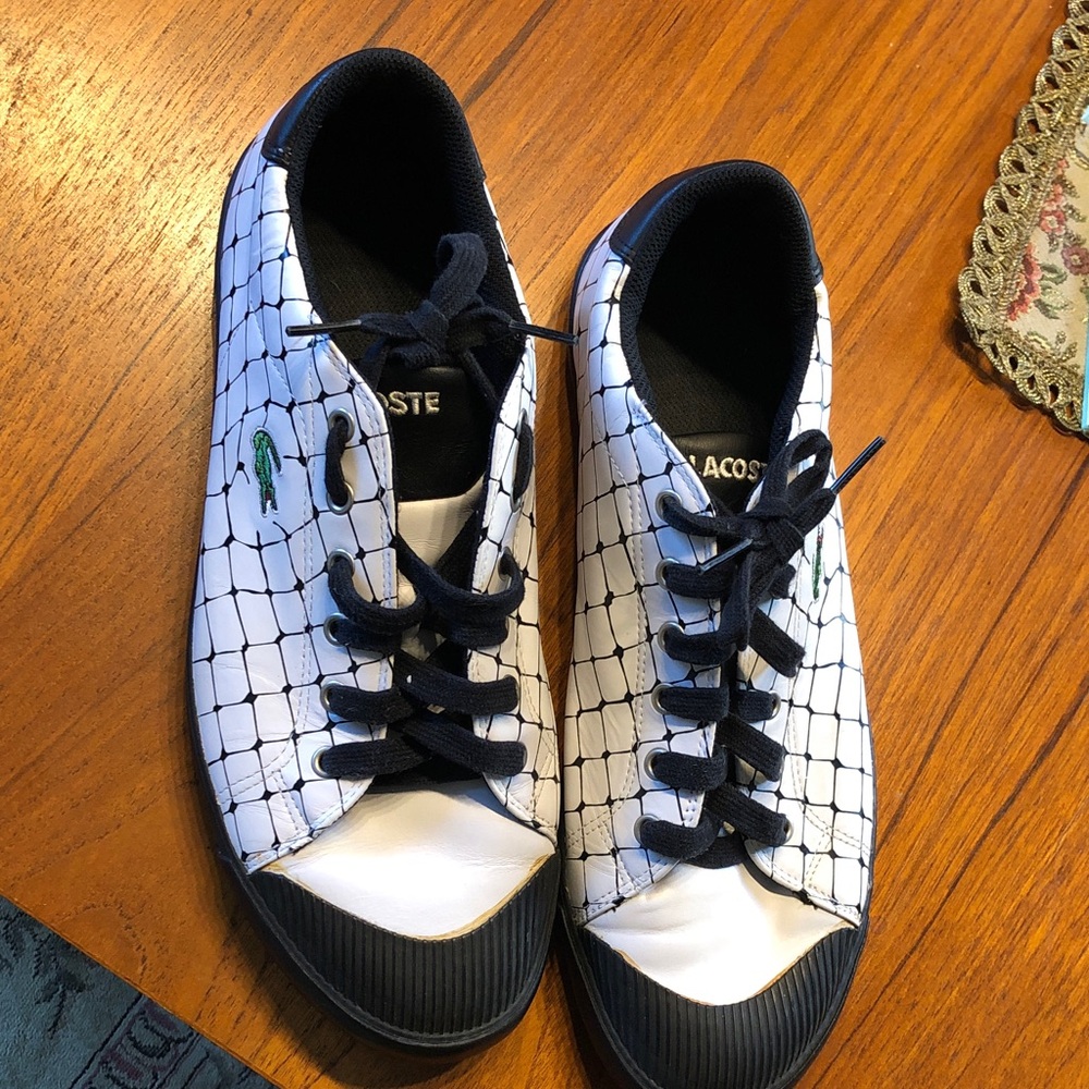 Lacoste of France White & Black Grid-Pattern Lace-Up Sneakers